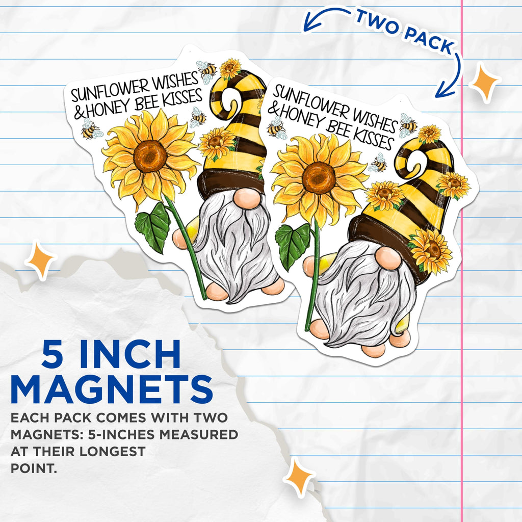 (2 Pack) Gnome Magnets - Sunflower Wishes - Honey Bee Kisses - 5" On Longest Side - Premium Magnet - for Cars, Refrigerators, Toolboxes, Lockers - Made in USA - MAG16050