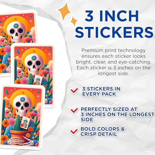 (3 Pack) Sugar Skull Decals - Floral Skeleton Stickers - Day of The Dead Decor - 3 Inches On Longest Side - Easy Peel & Apply - Made in USA - 3MCS8172