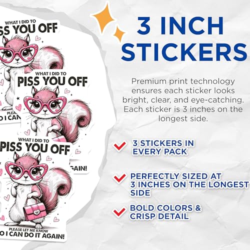 (3 Pack) Funny Squirrel Decals - Sarcastic Quote - Pink Purse Decal - 3 Inches On Longest Side - Easy Peel & Apply - Made in USA - 3MCS2468