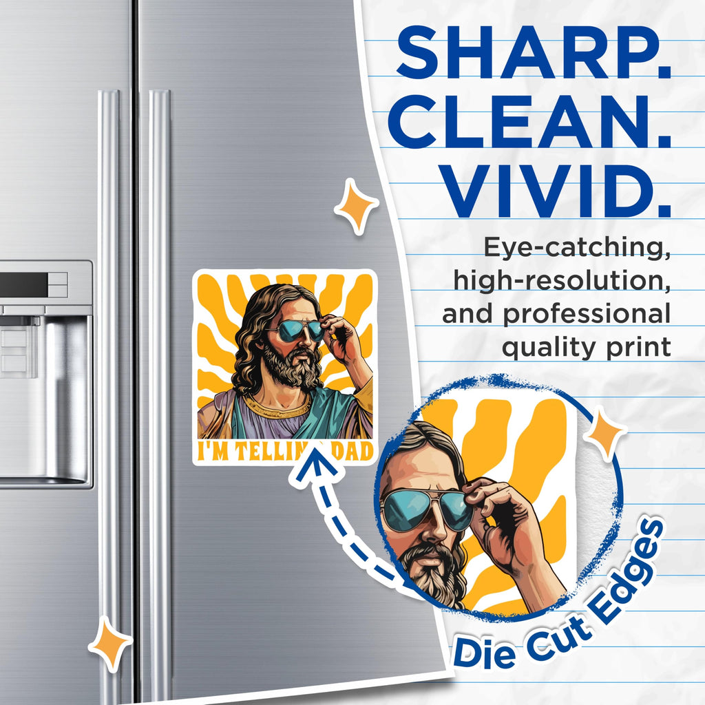 (2 Pack) Funny Jesus Magnets - Cool Christ Sunglasses Meme - I'm Telling Dad Humor Refrigerator Magnets - 5 Inches On Longest Side - Thick Durable Magnet - Made in USA - MAG24124
