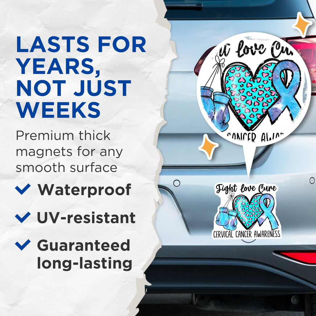 (2 Pack) Cervical Cancer Awareness Magnets - Fight Love Cure Magnets - Cancer Support Magnets - 5" On Longest Side - for Cars, Fridges, Toolboxes - Made in USA - MAG4288