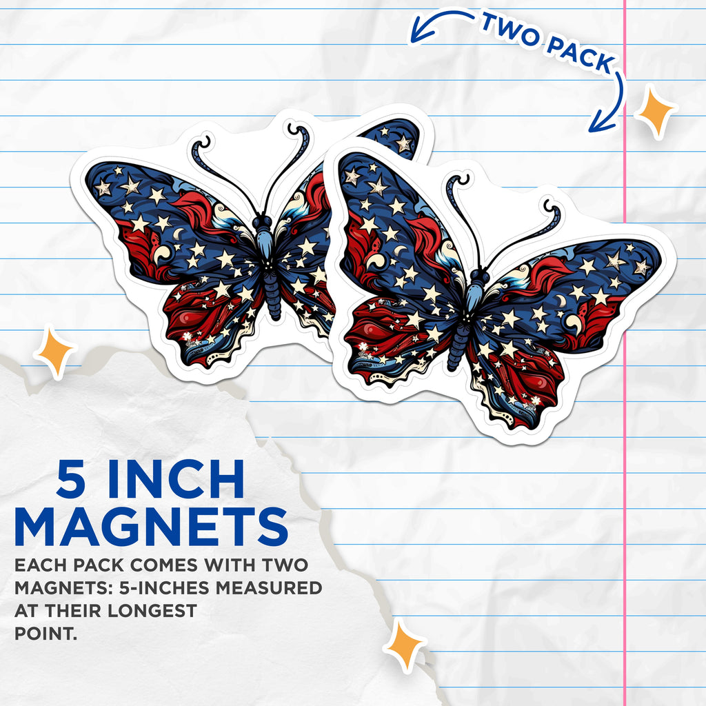 (2 Pack) Patriotic Butterfly Magnets - American Flag Auto Fridge Decor - Independence Day USA Show Your Pride - 5 Inches On Longest Side - Thick Durable Magnet - Made in USA - MAG37471