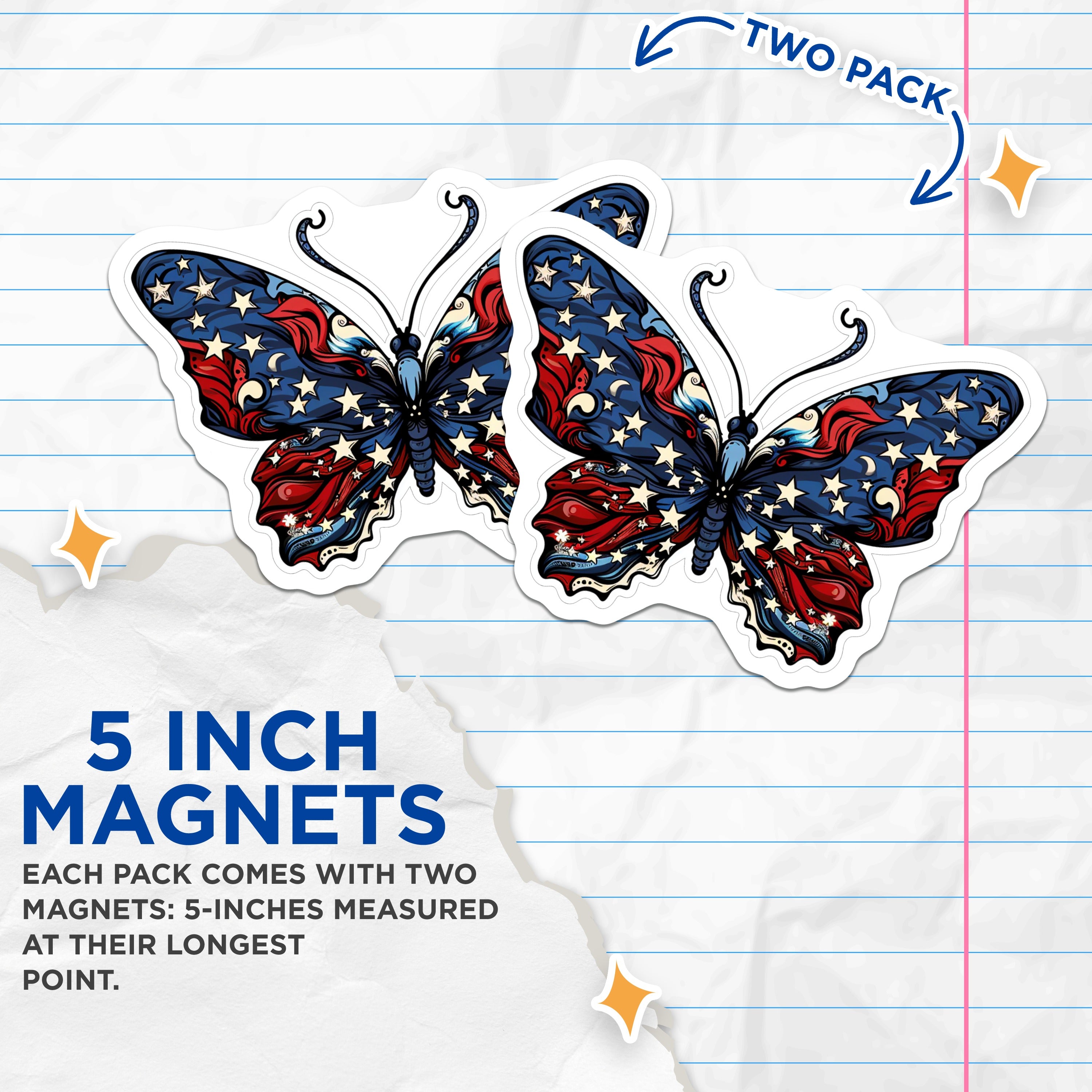 (2 Pack) Patriotic Butterfly Magnets - American Flag Auto Fridge Decor - Independence Day USA Show Your Pride - 5 Inches On Longest Side - Thick Durable Magnet - Made in USA - MAG37471