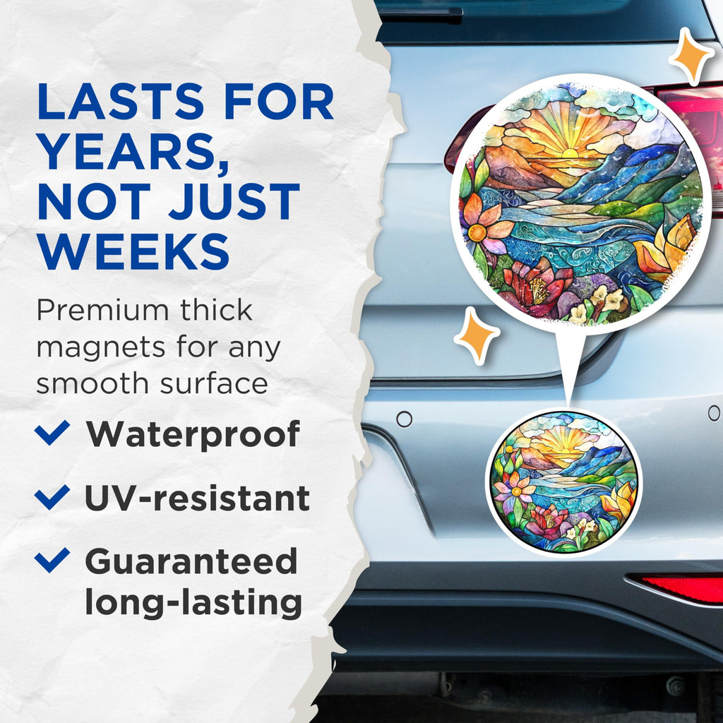 (2 Pack) Stained Glass Nature Magnets - Sunset Mountain Landscape - Vibrant Floral River Scene - 5 Inches On Longest Side - Thick Durable Magnet - Made in USA - MAG24833