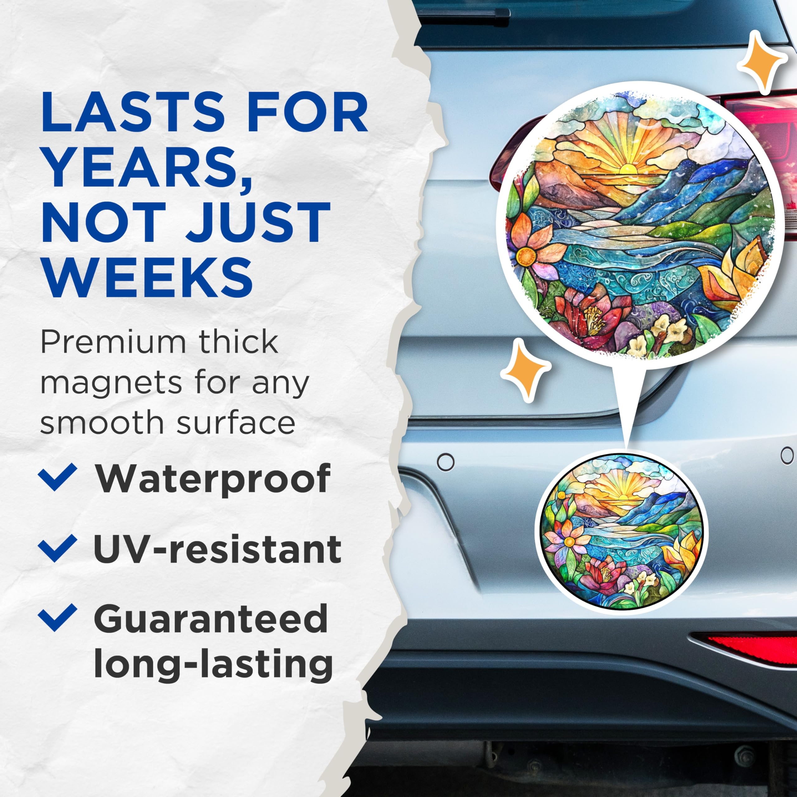 (2 Pack) Stained Glass Nature Magnets - Sunset Mountain Landscape - Vibrant Floral River Scene - 5 Inches On Longest Side - Thick Durable Magnet - Made in USA - MAG24833