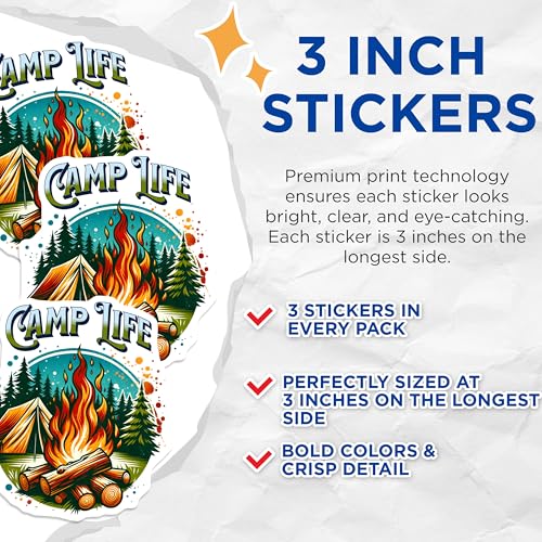 (3 Pack) Camp Life Decals - Camping Decals - Bonfire Tent Stickers- 3 Inches On Longest Side - Easy Peel & Apply - Made in USA - 3MCS5894
