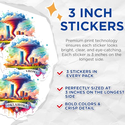 (3 Pack) Oklahoma Tornado Decals - Weather Laptop Decals - Oklahoma University Souvenirs- 3 Inches On Longest Side - Easy Peel & Apply - Made in USA - 3MCS5341