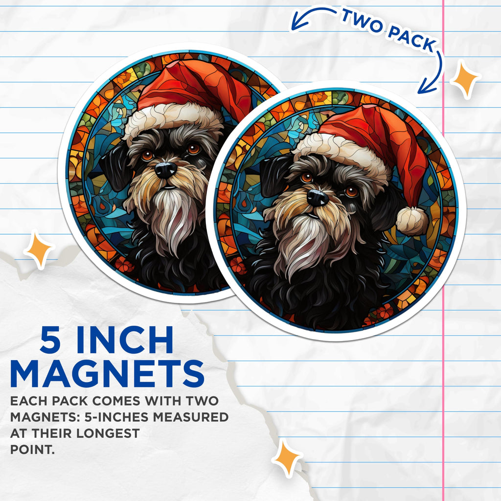 (2 Pack) Schnauzer Christmas Dog Magnets - Stained Glass Pet Art - Holiday Fridge Decor - 5 Inches On Longest Side - Thick Durable Magnet - Made in USA - MAG30199