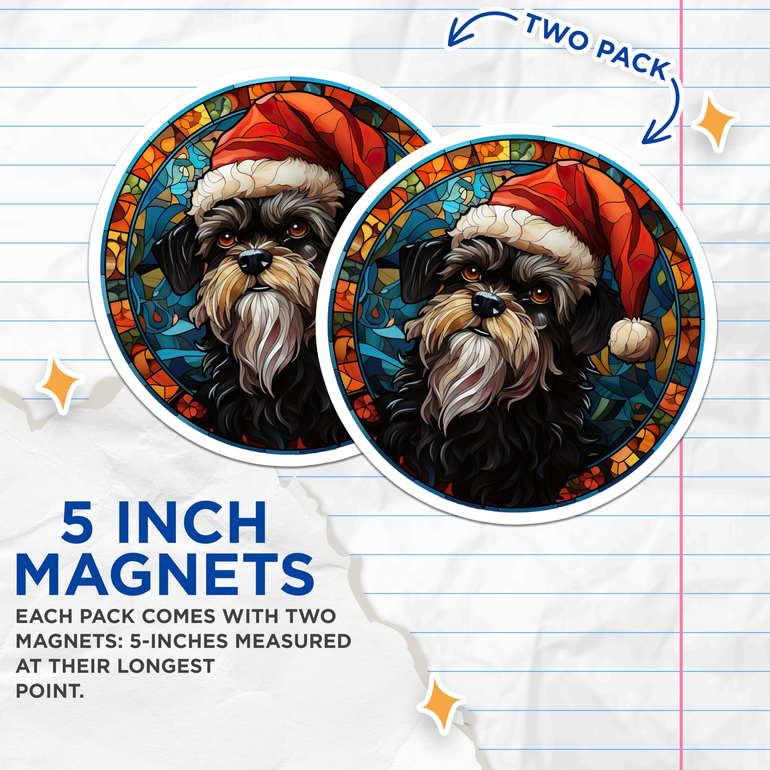 (2 Pack) Schnauzer Christmas Dog Magnets - Stained Glass Pet Art - Holiday Fridge Decor - 5 Inches On Longest Side - Thick Durable Magnet - Made in USA - MAG30199