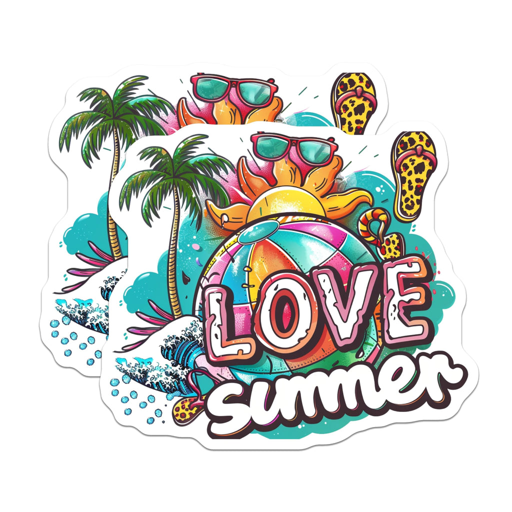 (2 Pack) Love Summer Stickers - Beach Vibes Stickers - Tropical Fun Stickers for Travel Accessories - 5" On Longest Side - Sticks to Smooth Flat Surfaces - Made in USA - BMCS4322