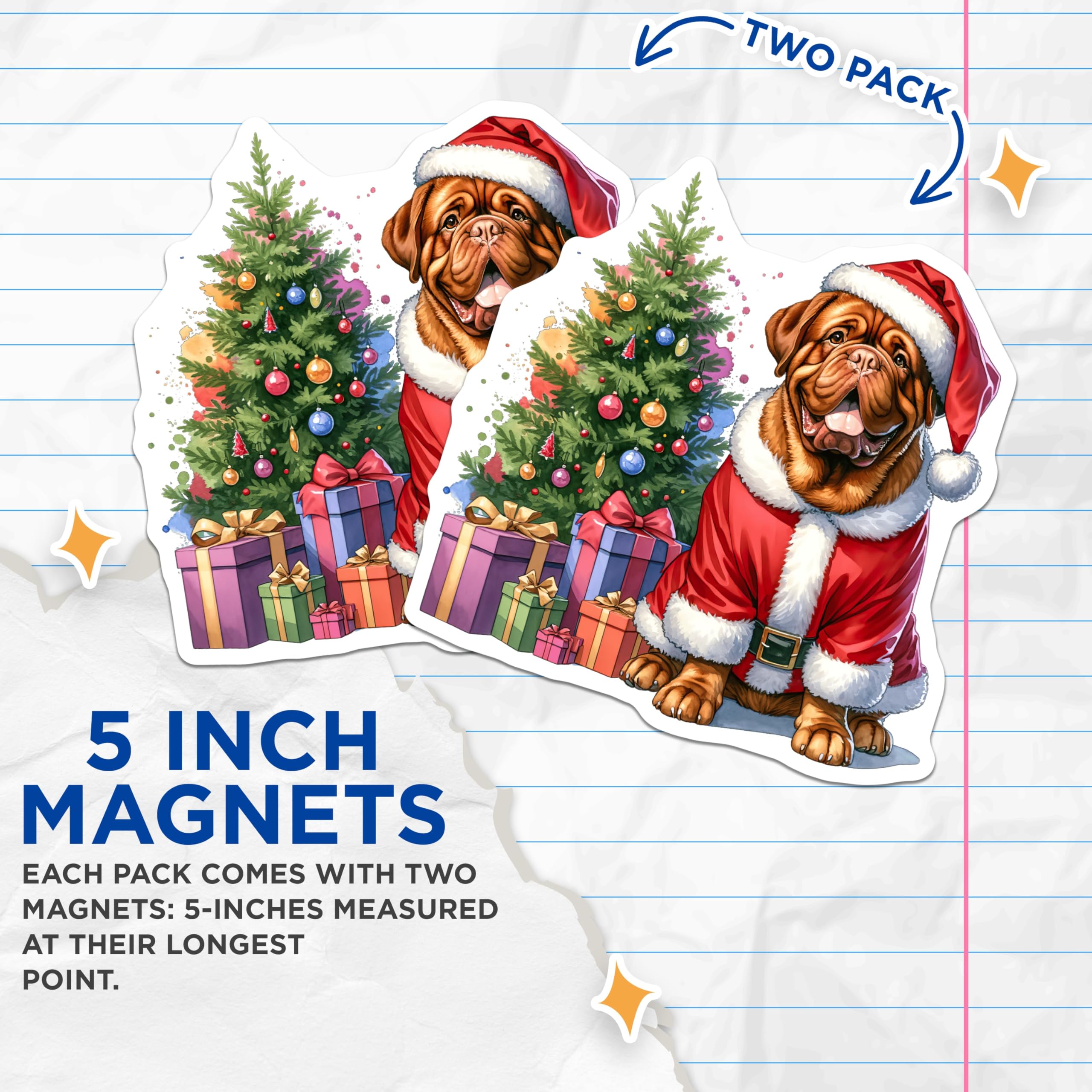 (2 Pack) Dogue de Bordeaux Christmas Magnets - Santa Dog Holiday Decor - Pet Lover Xmas Present - 5 Inches On Longest Side - Thick Durable Magnet - Made in USA - MAG26045
