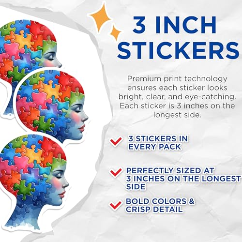 (3 Pack) Puzzle Head Decals - Mental Health - Mind Jigsaw Sticker- 3 Inches On Longest Side - Easy Peel & Apply - Made in USA - 3MCS5730