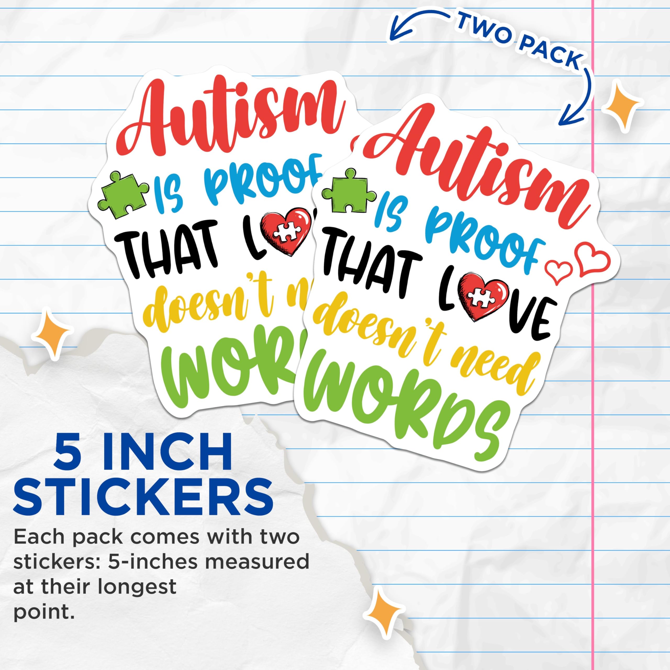(2 Pack) Autism Awareness Stickers - Proof That Love Doesn't Need Words - 5" On Longest Side - Sticks to Smooth Flat Surfaces - Made in USA - BMCS8433 - BMCS8433