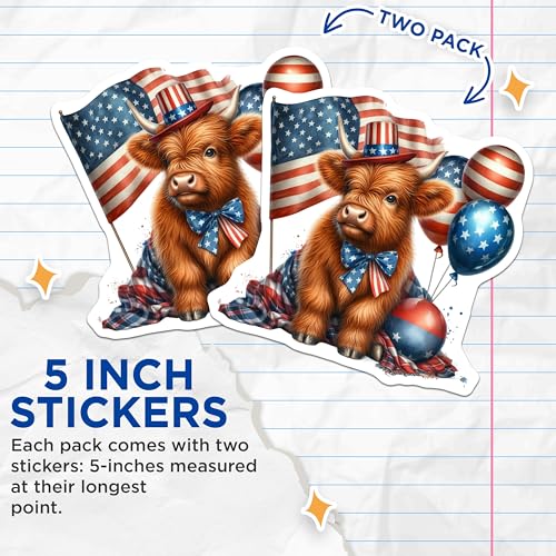 (2 Pack) Patriotic Highland Cow Stickers - USA Flag - American Pride - Cute Animal Sticker Art - 5" On Longest Side - Sticks to Smooth Flat Surfaces - Made in USA - BMCS6333