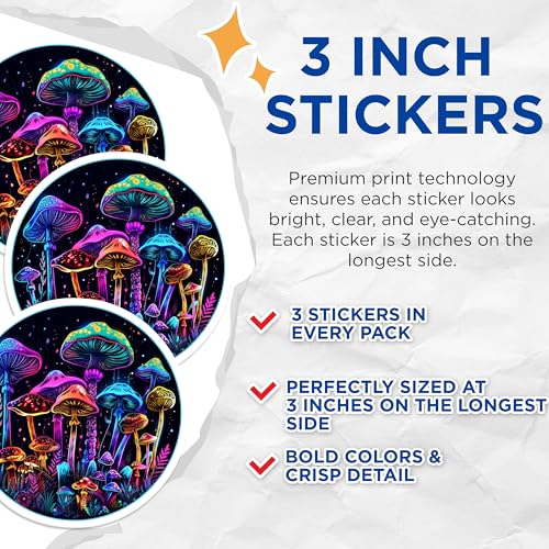 (3 Pack) Mushroom Decals - Neon Glowing Fungi - Laptop Sticker Art- 3 Inches On Longest Side - Easy Peel & Apply - Made in USA - 3MCS5559
