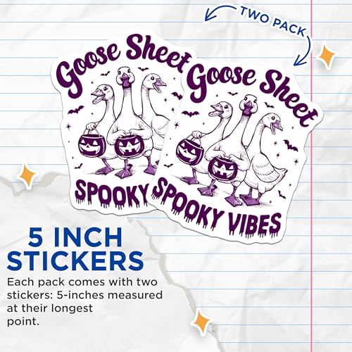 (2 Pack) Goose Sheet Stickers - Spooky Vibes Stickers - Cute Halloween Stickers - 5" On Longest Side - Sticks to Smooth Flat Surfaces - Made in USA - BMCS5941