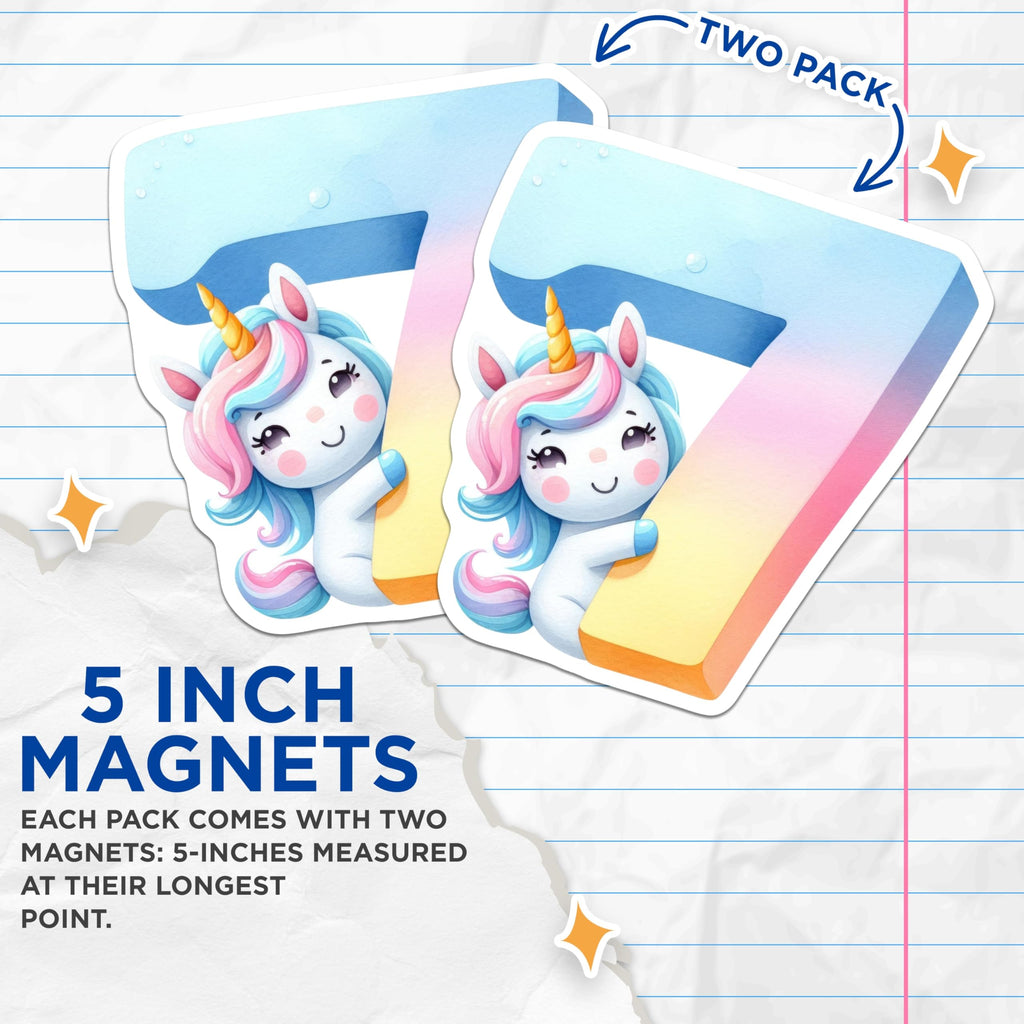 (2 Pack) Number 7 Unicorn Magnets - Cute Number Seven - Fridge Decor - 5" On Longest Side - Premium Magnet - for Cars, Refrigerators, Toolboxes, Lockers - Made in USA - MAG14223