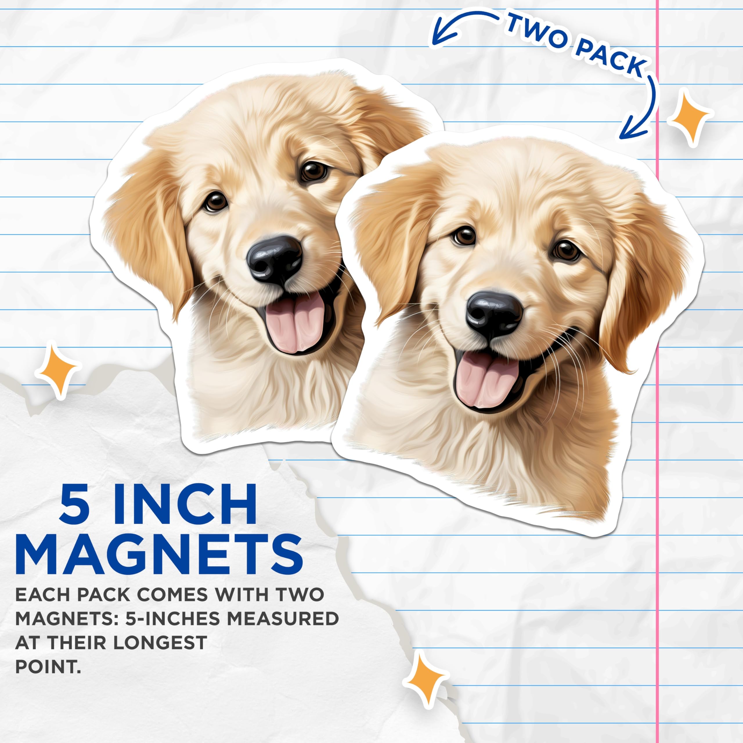 (2 Pack) Golden Retriever Puppy Magnets - Adorable Dog Breed - Canine Friend Fridge Decor - Pet Owner Accessory - 5 Inches On Longest Side - Thick Durable Magnet - Made in USA - MAG23537