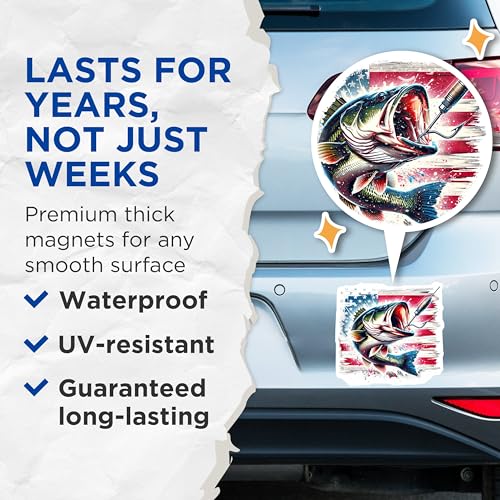 (2 Pack) American Flag Bass Fishing Magnets Magnets - Patriotic Fishing Decor - 5" On Longest Side - Made in USA - Sticks to Refrigerators & Metal Surfaces - MAG8589