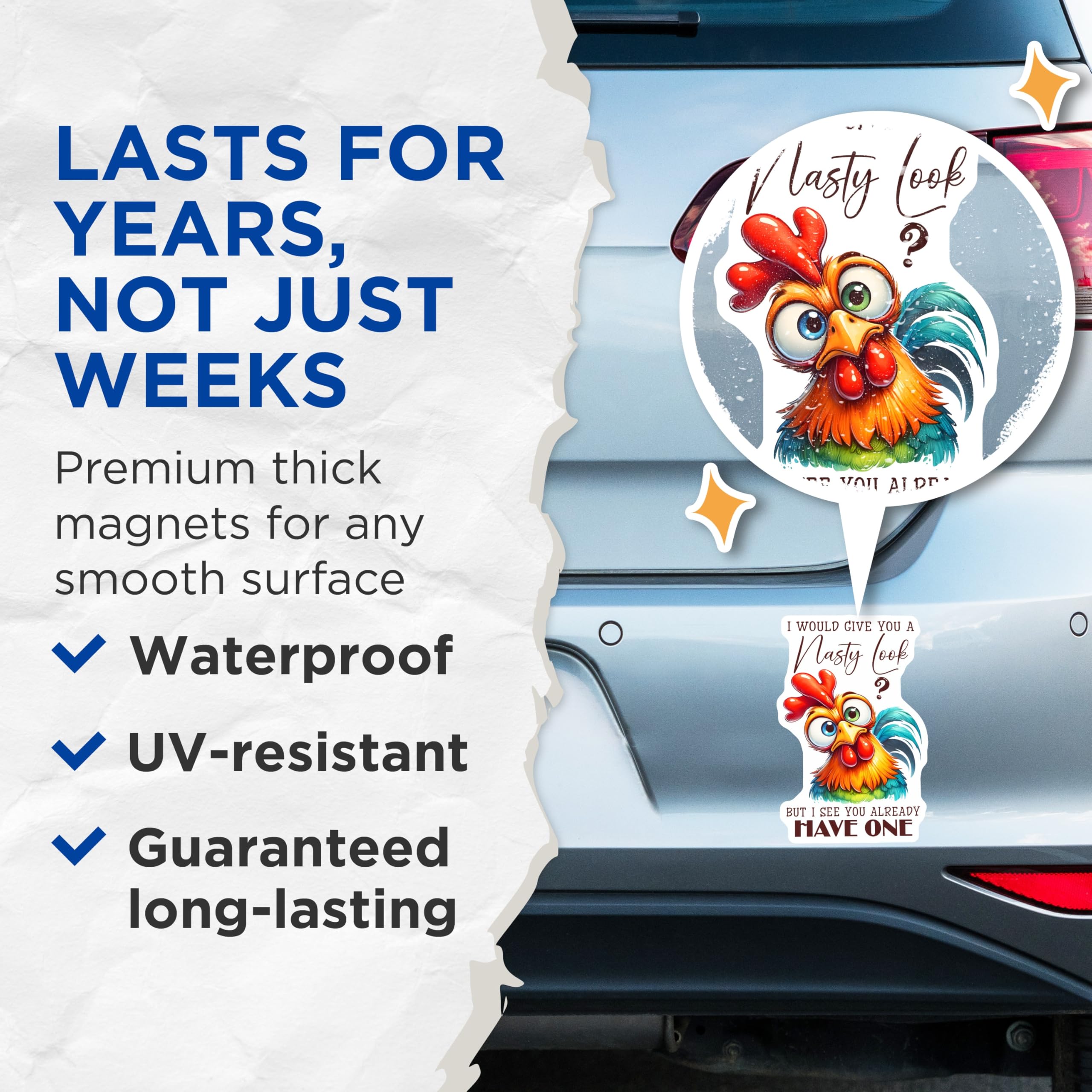 (2 Pack) Funny Chicken Magnets - Nasty Look Quote - Sarcastic Fridge Decor - 5" On Longest Side - Premium Magnet - for Cars, Refrigerators, Toolboxes, Lockers - Made in USA - MAG17013