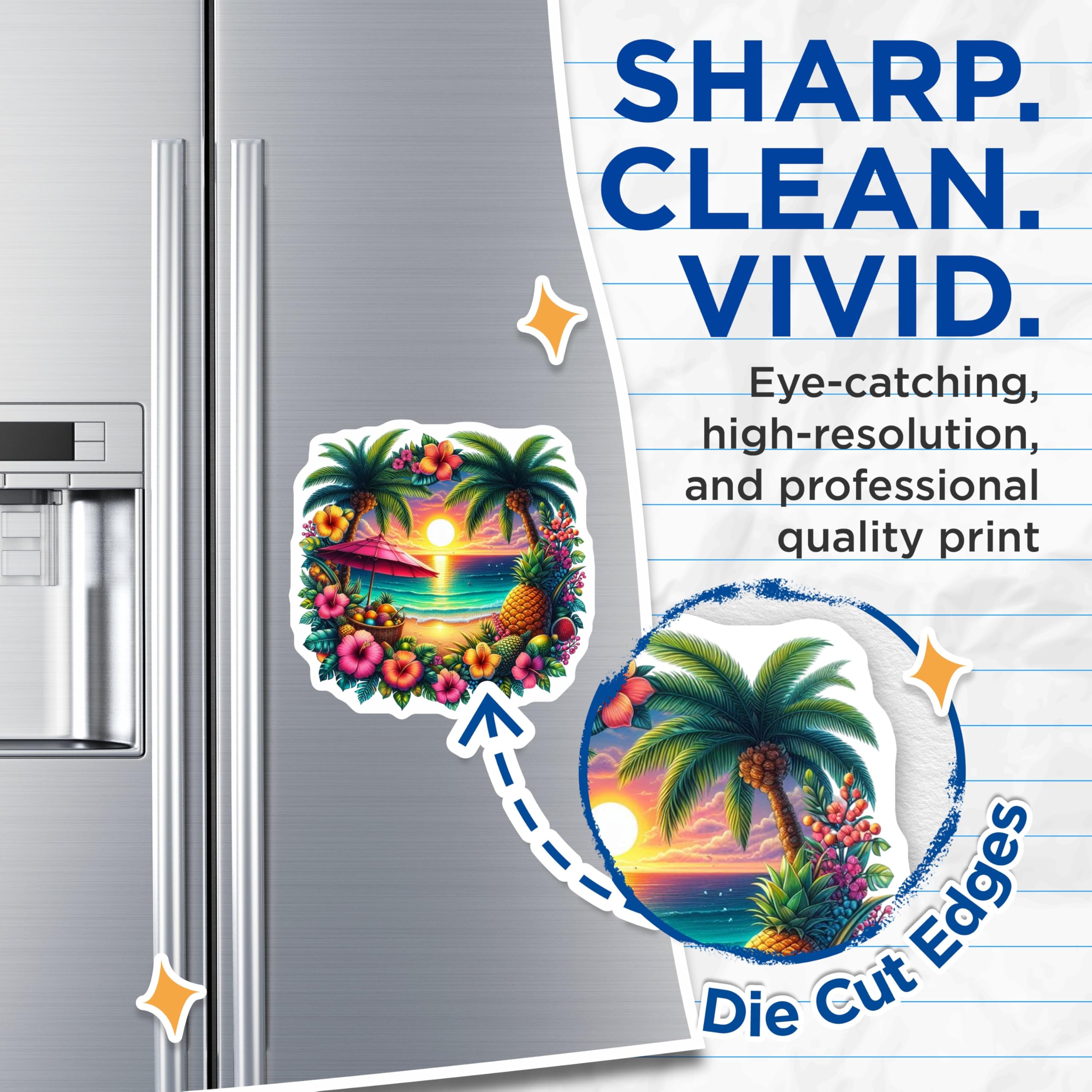(2 Pack) Tropical Beach Magnets - Vibrant Hawaiian Sunset Ocean View - Palm Tree Hibiscus Pineapple Exotic Island Scene Decor - 5 Inches On Longest Side - Thick Durable Magnet - Made in USA - MAG21410