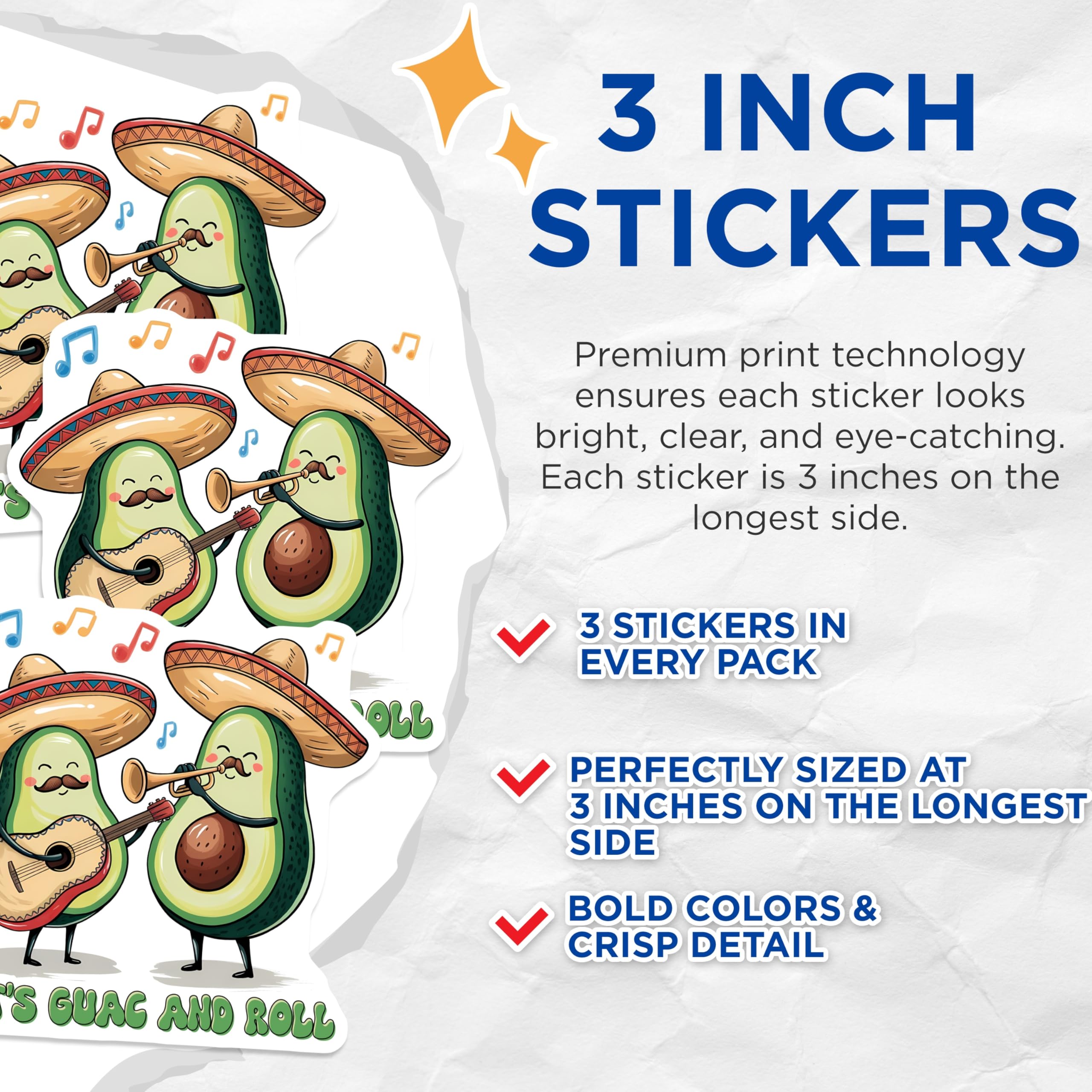 (3 Pack) Guac and Roll Decals - Avocado Musicians - Funny Laptop Decal - 3 Inches On Longest Side - Easy Peel & Apply - Made in USA - 3MCS7155