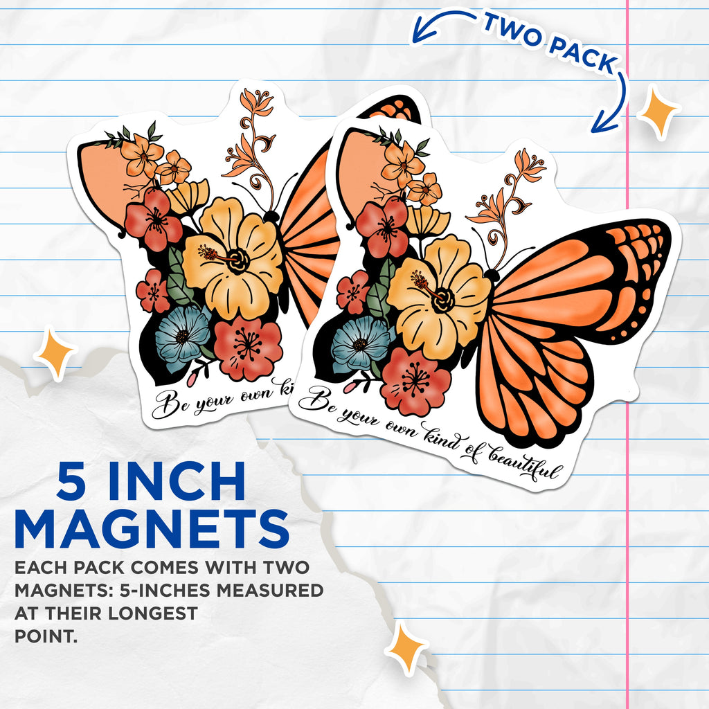 (2 Pack) Butterfly Flower Magnets - Inspirational Quote Decor - Boho Fridge Decor - Positive Affirmation Accents for Women - 5 Inches On Longest Side - Thick Durable Magnet - Made in USA - MAG36737