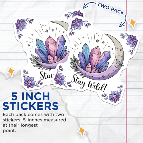 (2 Pack) Stay Wild Stickers - Moon Crystal Stickers - Boho Crystal Moon with Flowers - 5" On Longest Side - Sticks to Smooth Flat Surfaces - Made in USA - BMCS6536