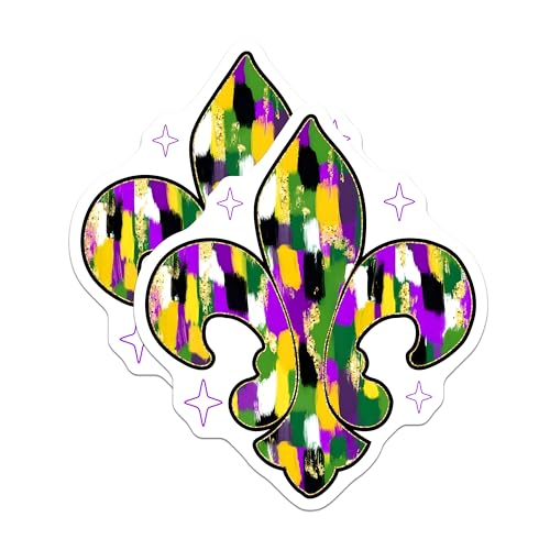 (2 Pack) Fleur De Lis Stickers - New Orleans Inspired Stickers - Colorful Mardi Gras Stickers - 5" On Longest Side - Sticks to Smooth Flat Surfaces - Made in USA - BMCS9890