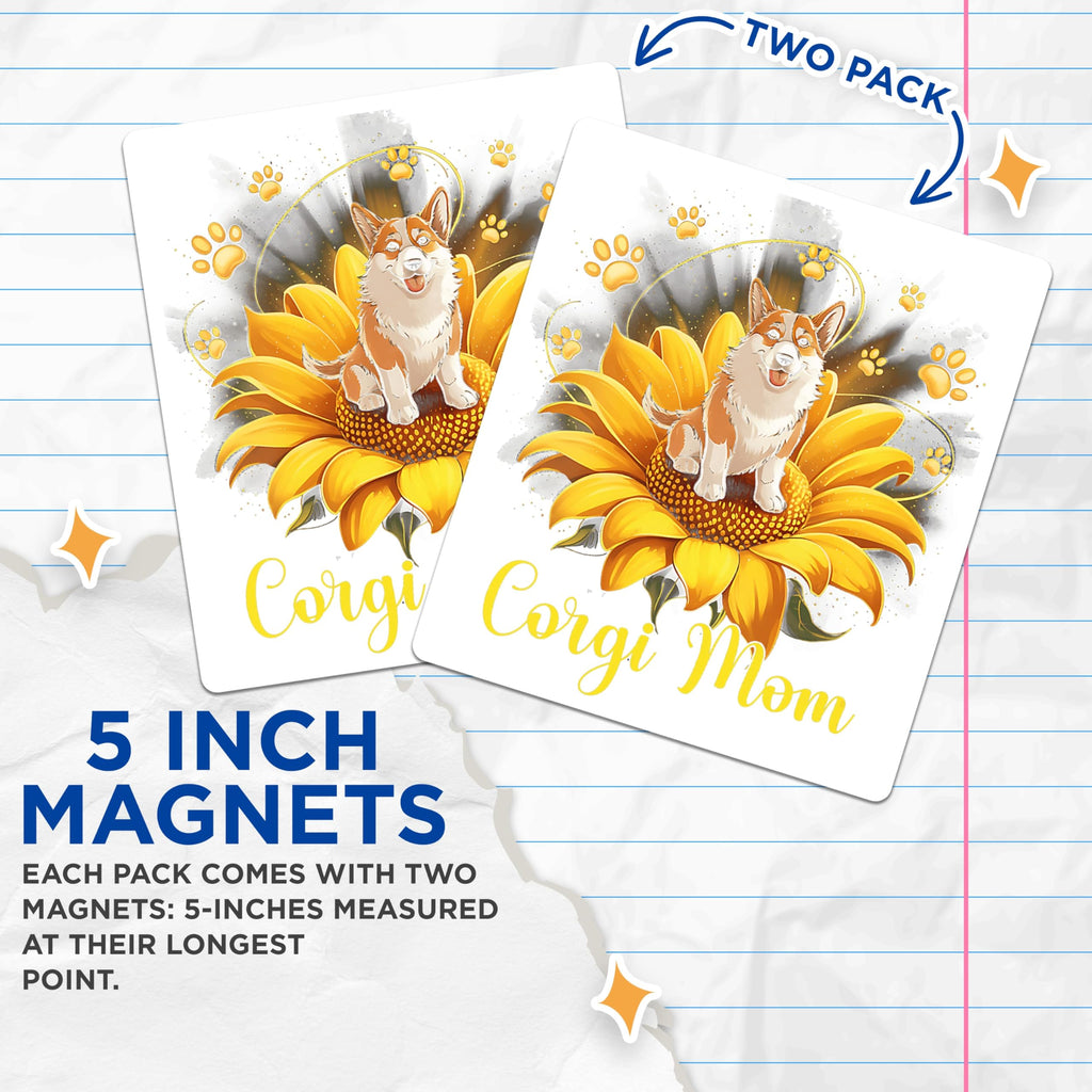 (2 Pack) Corgi Mom Magnets - Pembroke Corgi Art - Sunflower Dog Decor - Cute Pet Owner Item - 5 Inches On Longest Side - Thick Durable Magnet - Made in USA - MAG23518