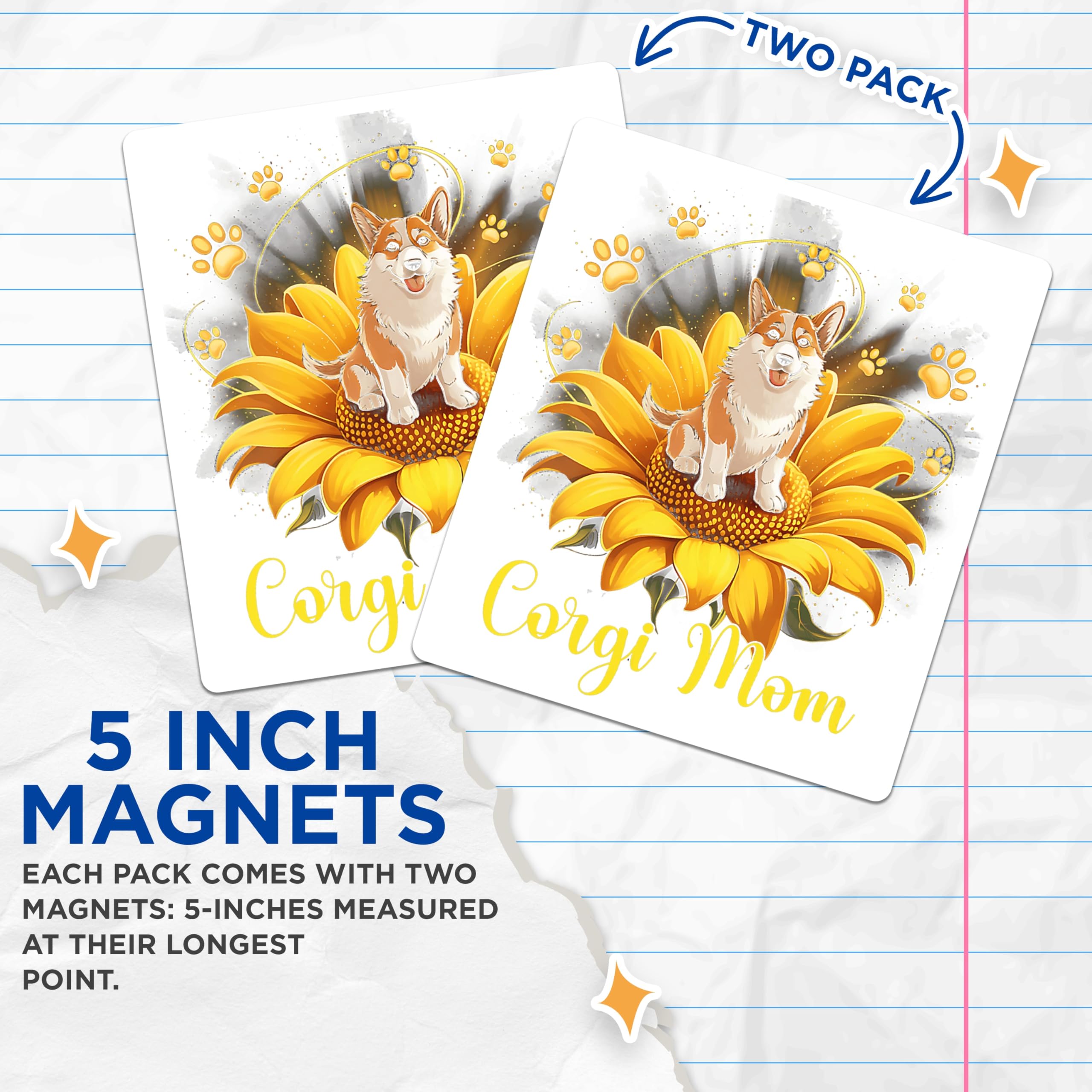 (2 Pack) Corgi Mom Magnets - Pembroke Corgi Art - Sunflower Dog Decor - Cute Pet Owner Item - 5 Inches On Longest Side - Thick Durable Magnet - Made in USA - MAG23518
