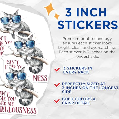 (3 Pack) Cat Decals - Cool Cat Decal - Laptop Decal - 3 Inches On Longest Side - Easy Peel & Apply - Made in USA - 3MCS7329
