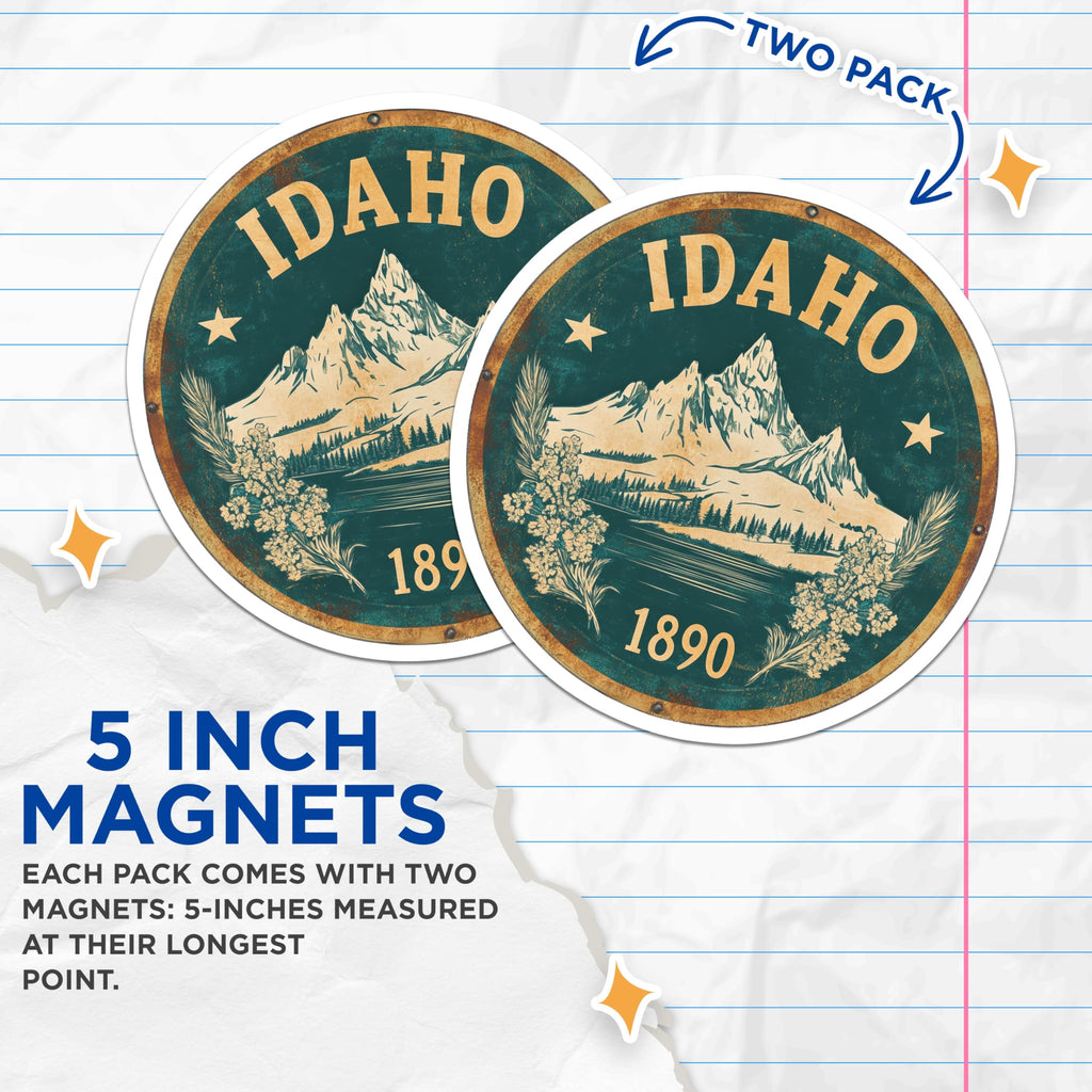 (2 Pack) Idaho State Seal Magnets - Mountain Lake - State Pride Souvenir - 5" On Longest Side - Premium Magnet - for Cars, Refrigerators, Toolboxes, Lockers - Made in USA - MAG16237