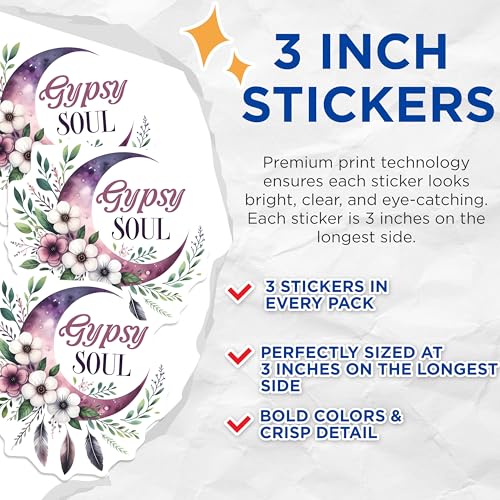 (3 Pack) Gypsy Soul Decals - Moon Flower Stickers - Boho Laptop Decal - 3 Inches On Longest Side - Easy Peel & Apply - Made in USA - 3MCS6310