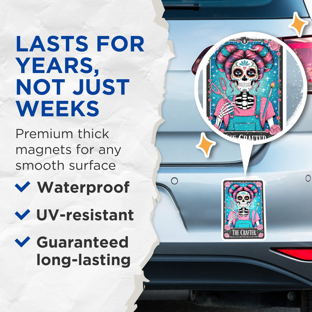 (2 Pack) Crafter Sugar Skull Magnets - Artist Sewing Painting - Day of the Dead Decor - 5 Inches On Longest Side - Thick Durable Magnet - Made in USA - MAG22580