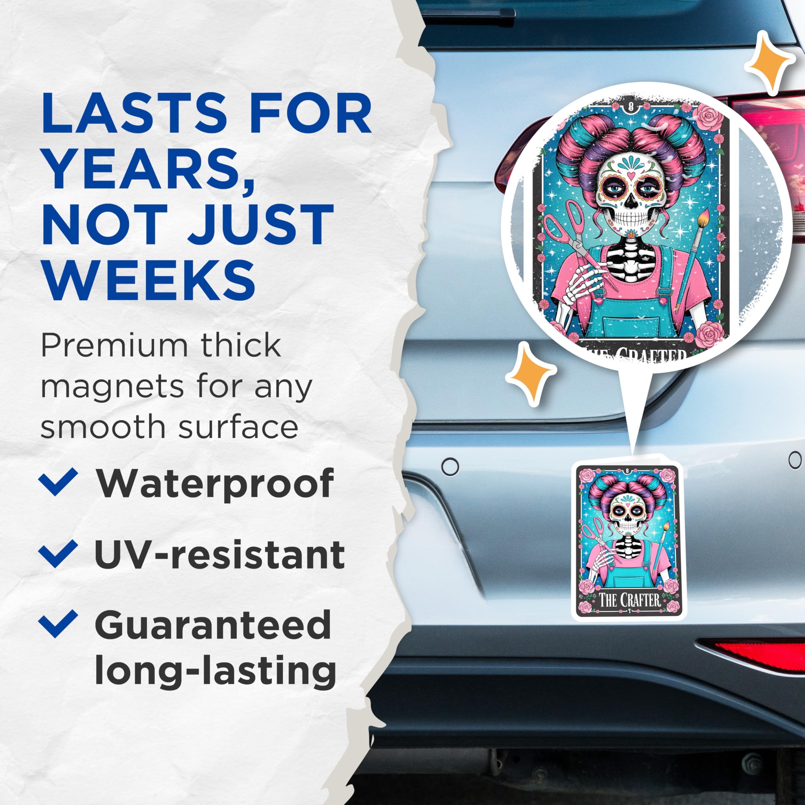 (2 Pack) Crafter Sugar Skull Magnets - Artist Sewing Painting - Day of the Dead Decor - 5 Inches On Longest Side - Thick Durable Magnet - Made in USA - MAG22580