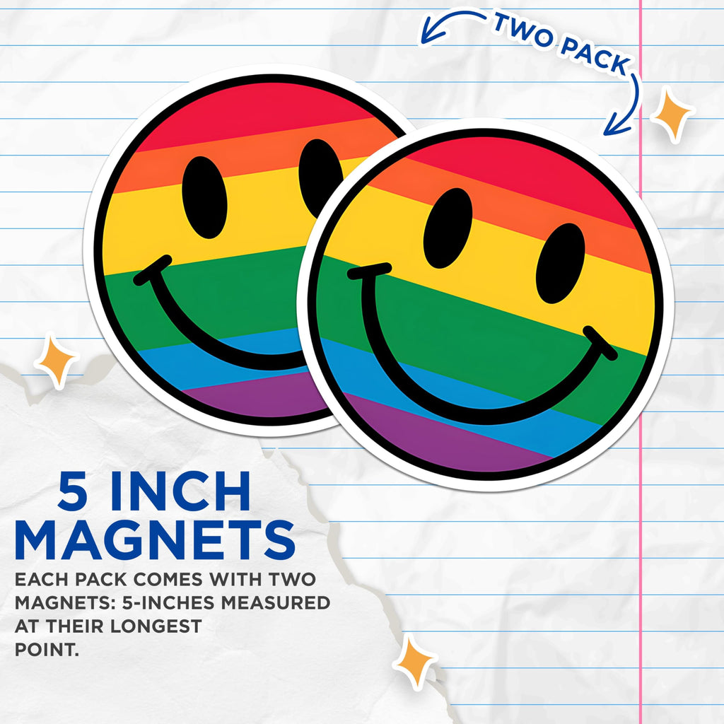 (2 Pack) Rainbow Smiley Face Magnets - Colorful Happy Face - Bright Kitchen - 5" On Longest Side - for Cars, Fridges, Toolboxes - Made in USA - MAG3902
