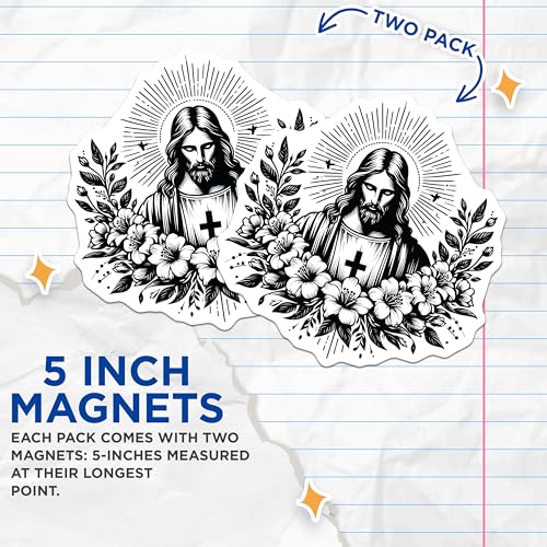 (2 Pack) Jesus with Floral Design Magnets - Religious Art - Spiritual Decor - Christian - 5" On Longest Side - for Cars, Fridges, Toolboxes - Made in USA - MAG7320