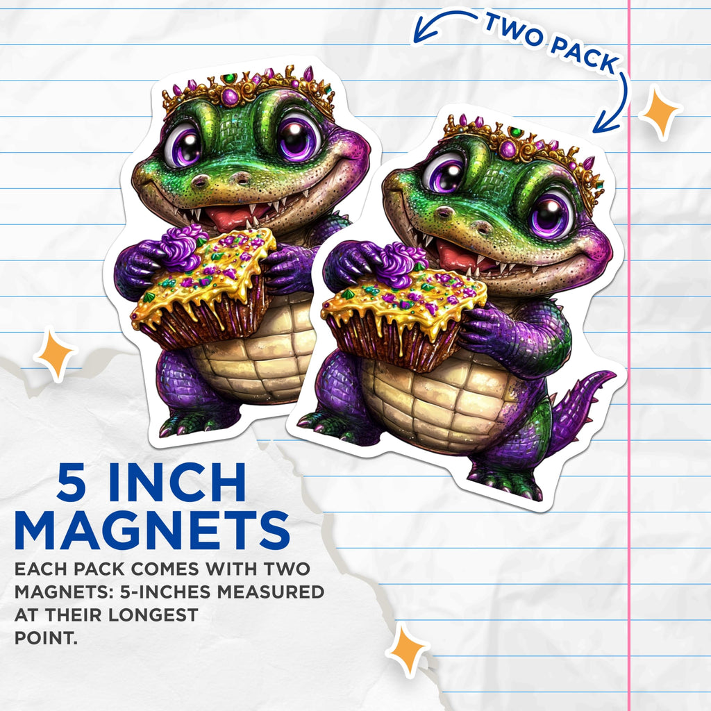 (2 Pack) King Cake Alligator Magnets - Mardi Gras Decor - Cute Alligator Decor - 5" On Longest Side - Premium Magnet - for Cars, Refrigerators, Toolboxes, Lockers - Made in USA - MAG15677