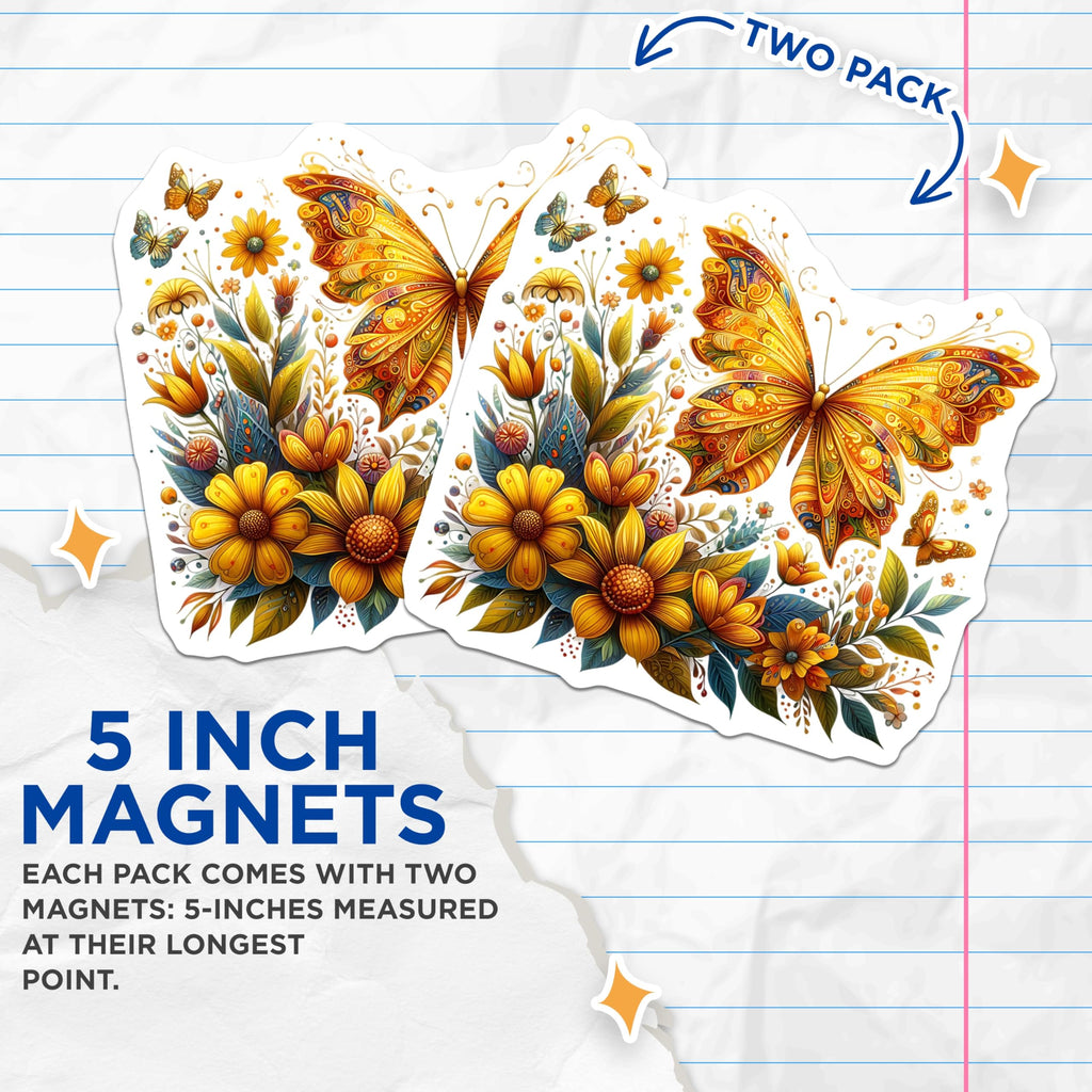 (2 Pack) Butterfly Magnets - Floral Art Magnets - Decorative Home Magnets - 5" On Longest Side - Premium Magnet - for Cars, Refrigerators, Toolboxes, Lockers - Made in USA - MAG16137