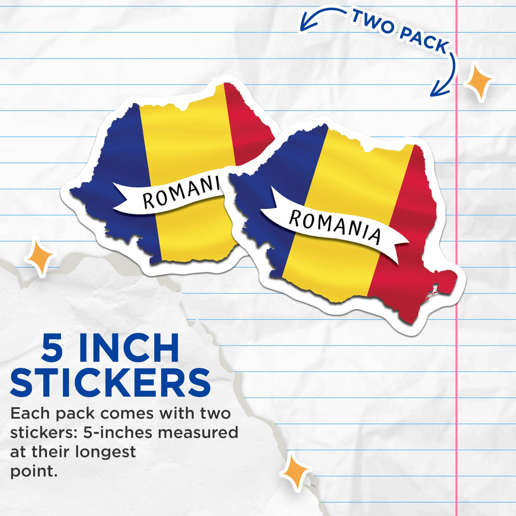 (2 Pack) Romania Flag Stickers - Romanian Pride - Map of Romania - 5" On Longest Side - Sticks to Smooth Flat Surfaces - Made in USA - BMCS17362