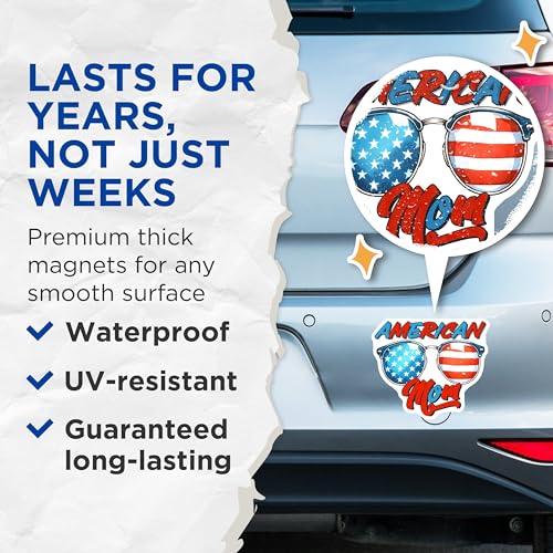 (2 Pack) American Mom Magnets - Patriotic Glasses - USA Flag Decor - American Pride - Mom Gift - 5" On Longest Side - for Cars, Fridges, Toolboxes - Made in USA - MAG7449