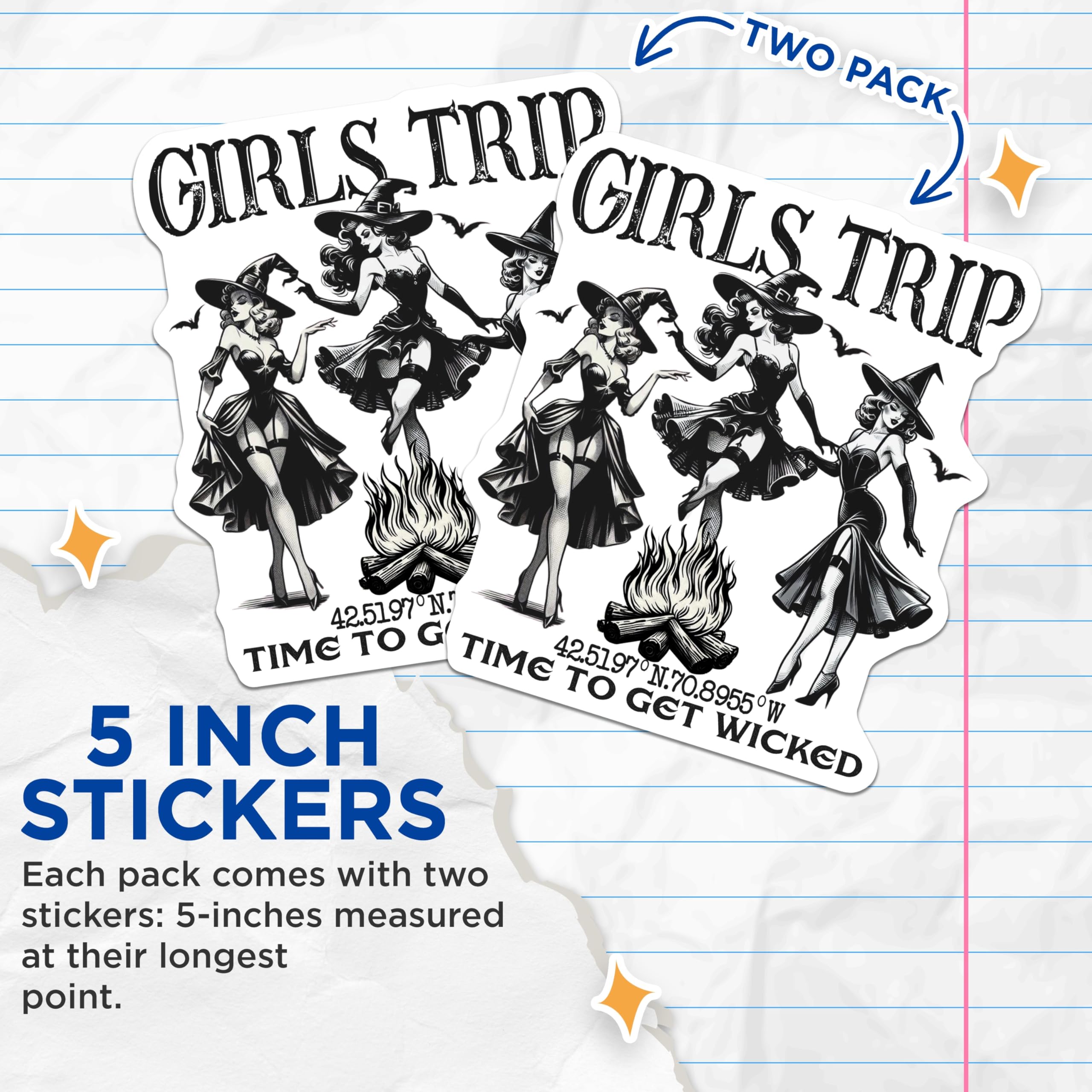 (2 Pack) Girls Trip Witch Stickers - Halloween Party - Spooky Season Decals - 5" On Longest Side - Sticks to Smooth Flat Surfaces - Made in USA - BMCS12332