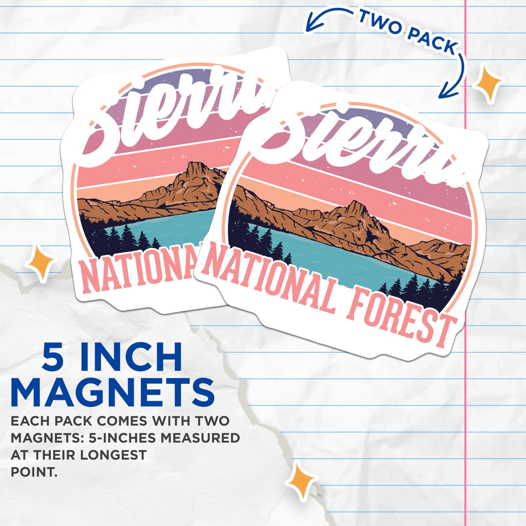 (2 Pack) Sierra National Forest Magnets - Mountain Lake Artwork - Fridge Locker Decor - 5" On Longest Side - Premium Magnet - for Cars, Refrigerators, Toolboxes, Lockers - Made in USA - MAG18879