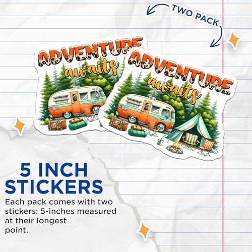 (2 Pack) Adventure Awaits Stickers - Camping Theme Stickers - Outdoor Travel Stickers for Adventure Lovers - 5" On Longest Side - Sticks to Any Smooth Flat Surface - Made in USA - BMCS3272