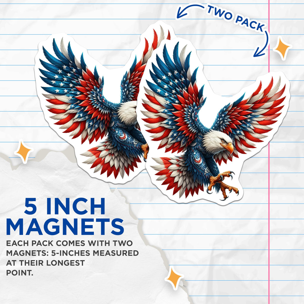 (2 Pack) American Bald Eagle Magnets - USA Flag Design Art - Patriotic Freedom Symbol Decoration - Independence Day Display - 5 Inches On Longest Side - Thick Durable Magnet - Made in USA - MAG21919