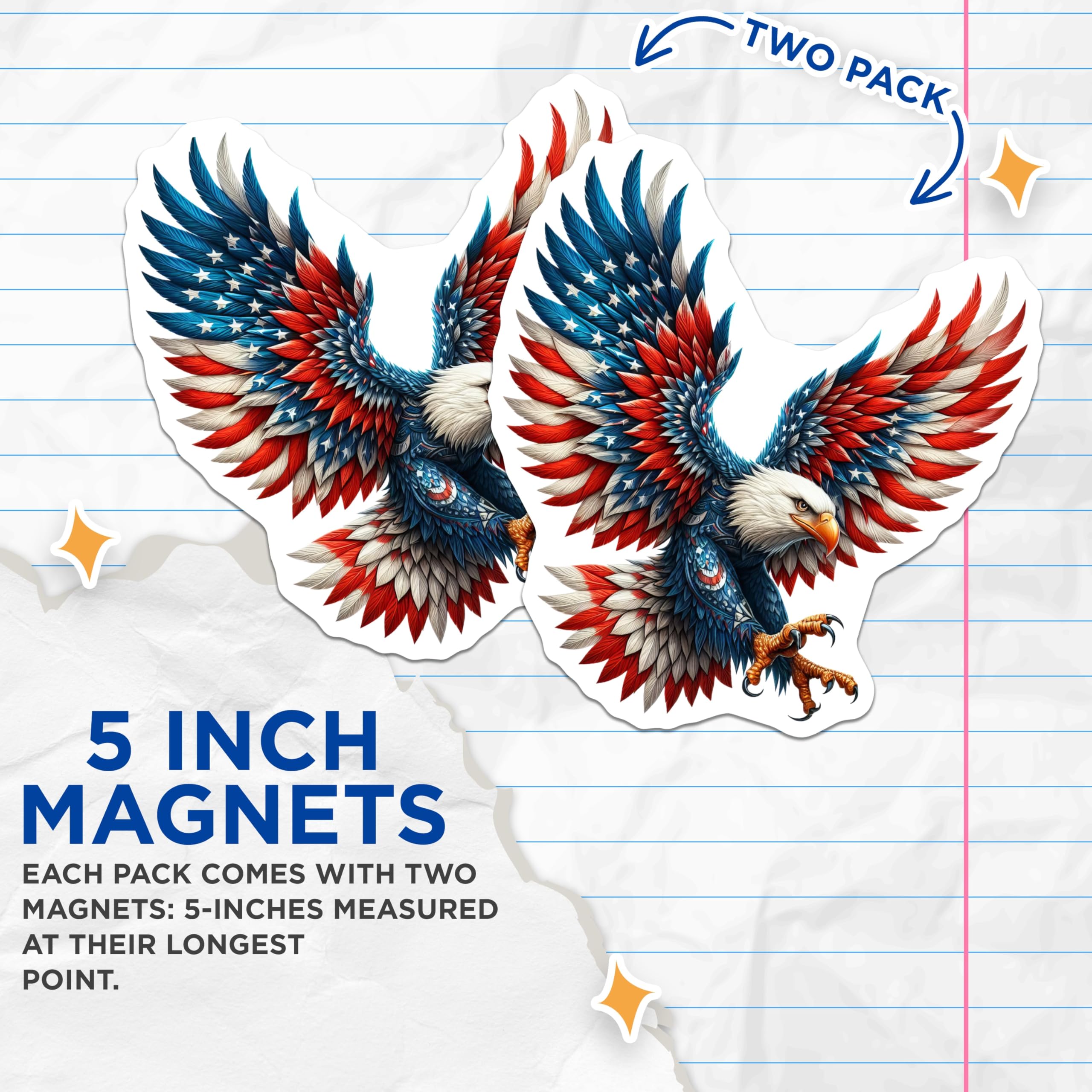 (2 Pack) American Bald Eagle Magnets - USA Flag Design Art - Patriotic Freedom Symbol Decoration - Independence Day Display - 5 Inches On Longest Side - Thick Durable Magnet - Made in USA - MAG21919
