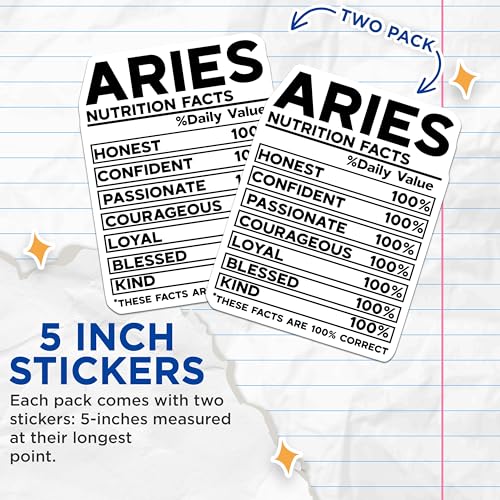 (2 Pack) Aries Zodiac Stickers - Astrology Nutrition Facts Stickers - Horoscope Sign Stickers - 5" On Longest Side - Sticks to Smooth Flat Surfaces - Made in USA - BMCS4756