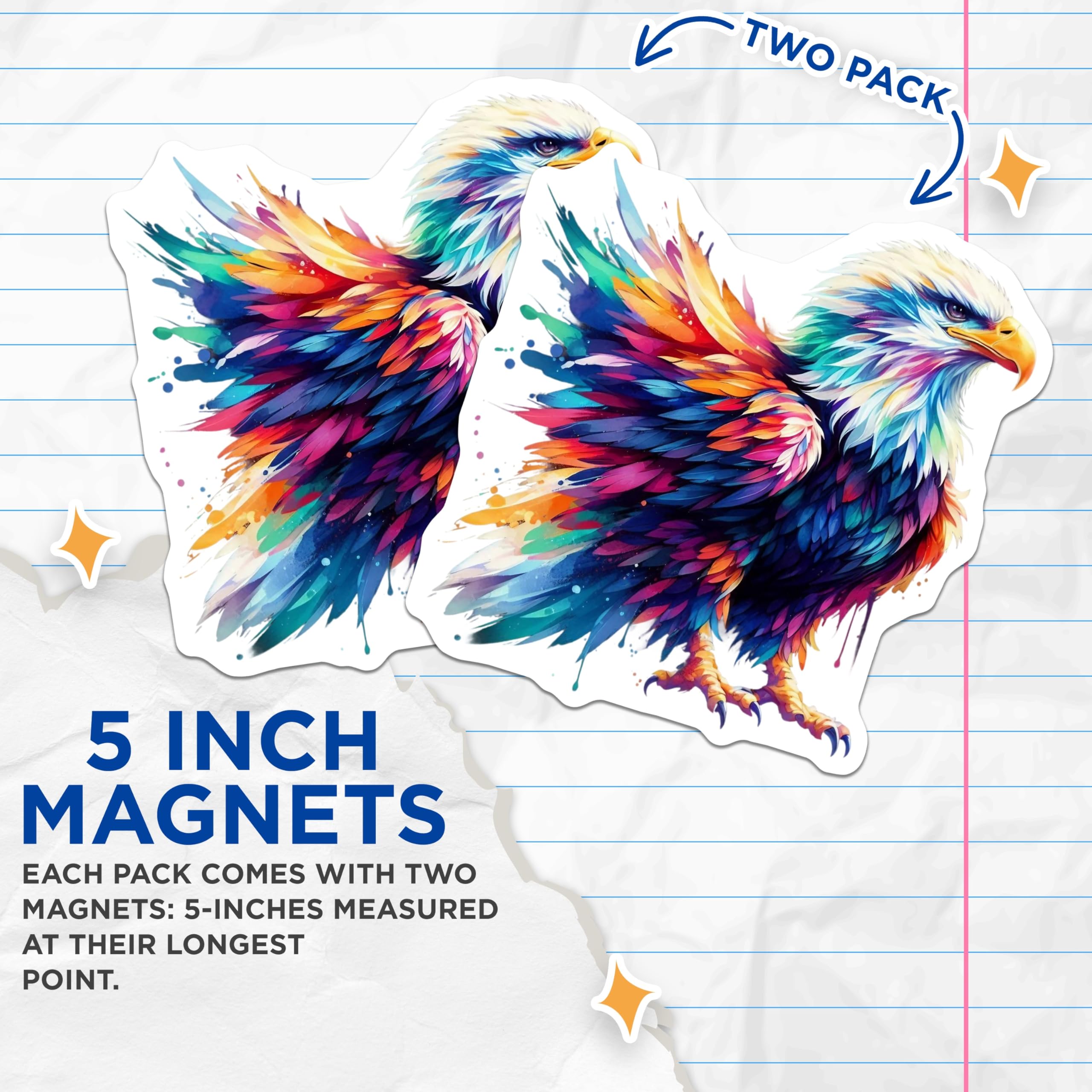 (2 Pack) Colorful Eagle Magnets - Vibrant Wildlife Art - Artistic Bird Decor - 5 Inches On Longest Side - Thick Durable Magnet - Made in USA - MAG21999