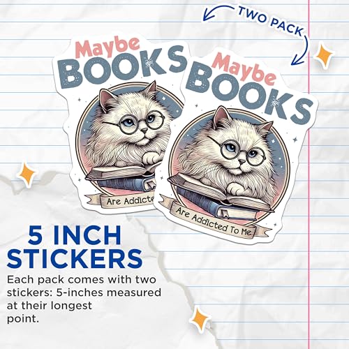 (2 Pack) Cute Cat Stickers - Book Lover - Funny Animal Decal - 5" On Longest Side - Sticks to Smooth Flat Surfaces - Made in USA - BMCS6408